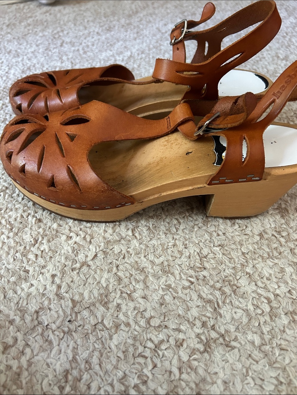 Hasbeens Leather Cutout Slingback Sandals in Cognac Brown - Picture 2 of 5